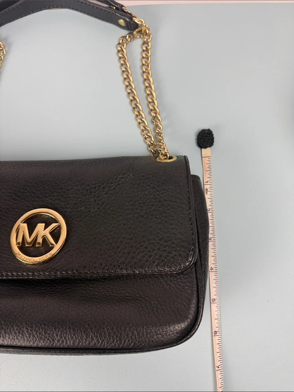 Michael Kors Black Leather Shoulder Bag with Gold MK Emblem